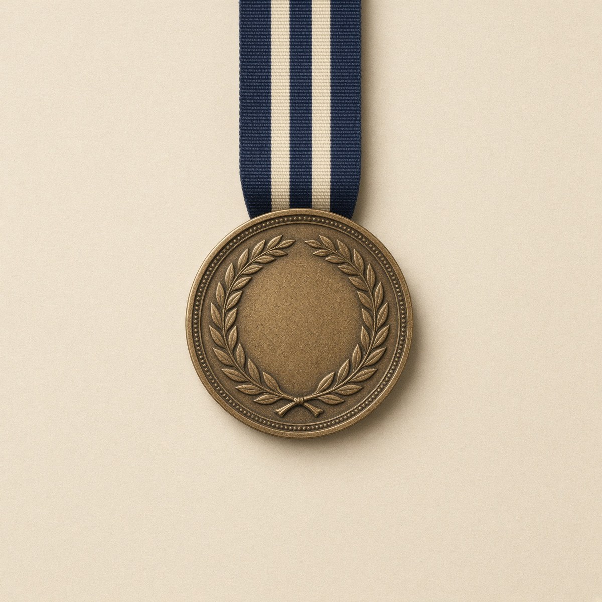 A small bronze athletic medal with a thin navy ribbon
