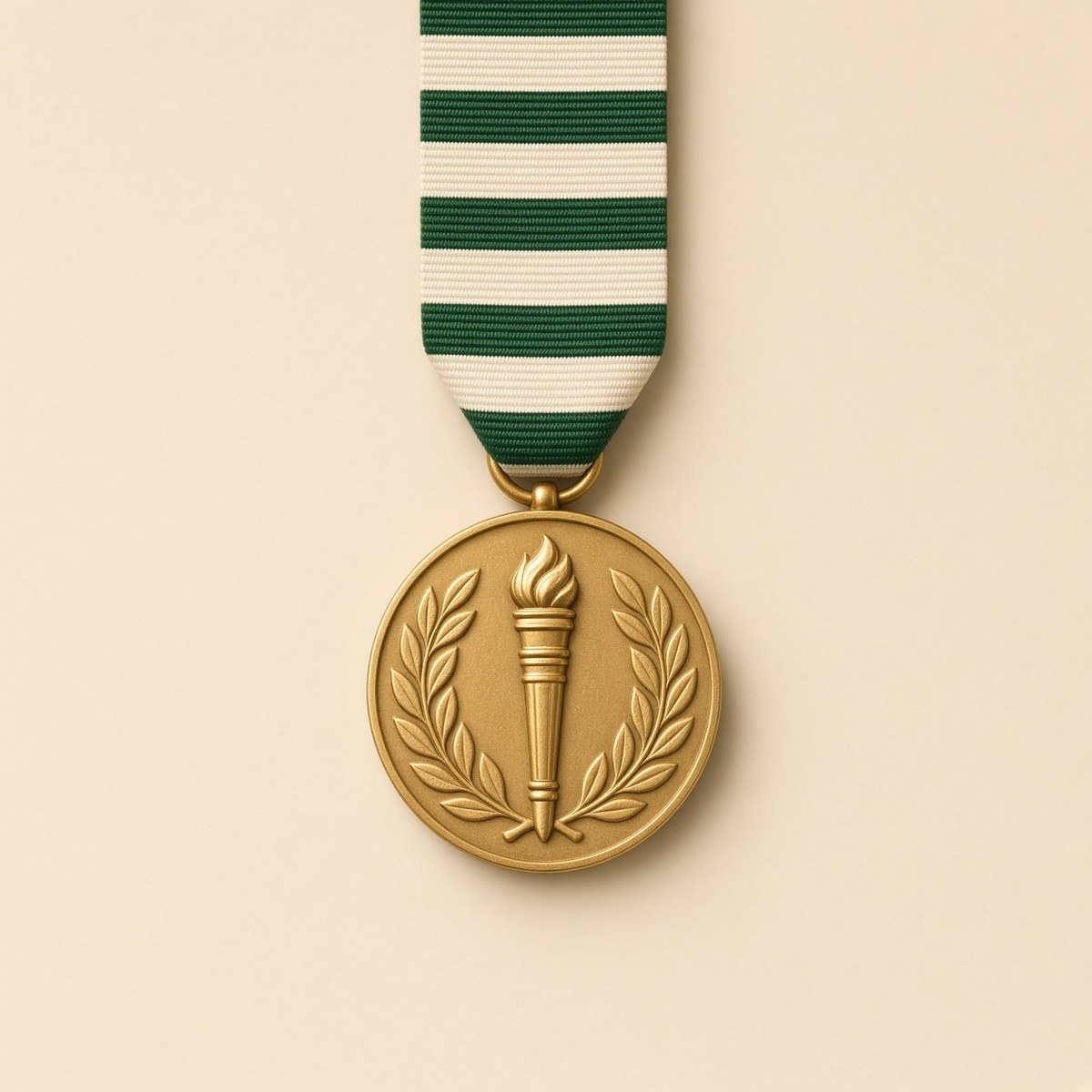 A gold sports medal hanging from a striped green-and-cream ribbon